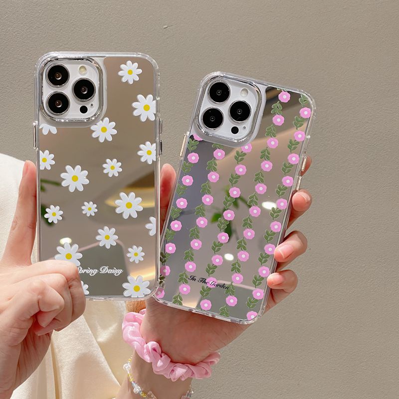 Fashion Silver Little Daisy Pink Flowers Mirror Soft TPU Case iP iPhone 11 12 13 14 Pro Max New Woman Girl FTD Casing Apple