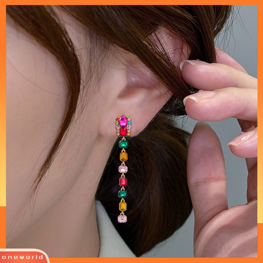 [WOD] 1pasang Anting Menjuntai Geometris Berwarna Berlian Imitasi Perhiasan Multicolor Square Drop Earrings Untuk Pakaian Sehari-Hari