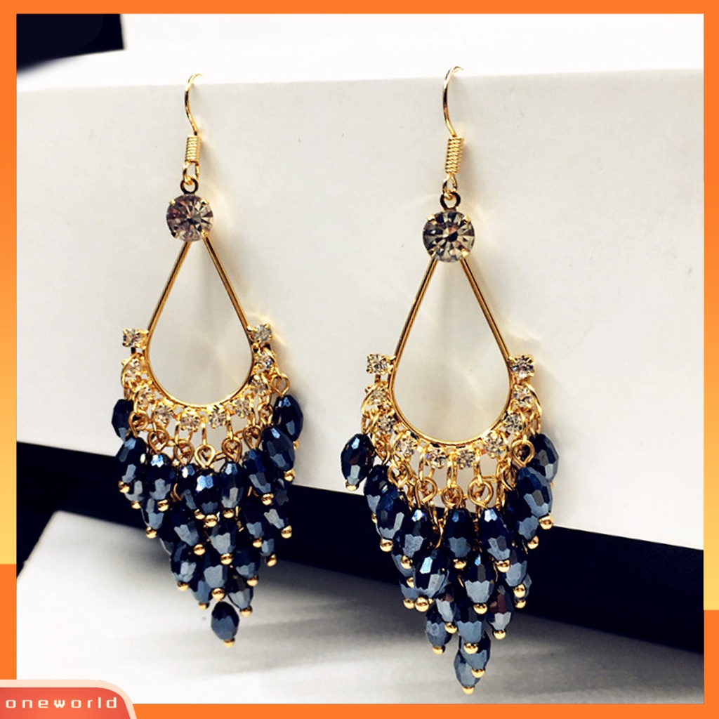 [WOD] 1pasang Anting Wanita Kristal Imitasi Gaya Bohemia Mengkilap High-end Drop Earrings Perhiasan Pernikahan