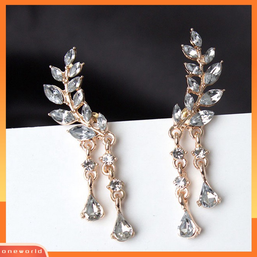 [WOD] Ear Studs Leaf Wanita Elegan Berlian Imitasi Drop Ear Cuff Earrings Untuk Pacaran