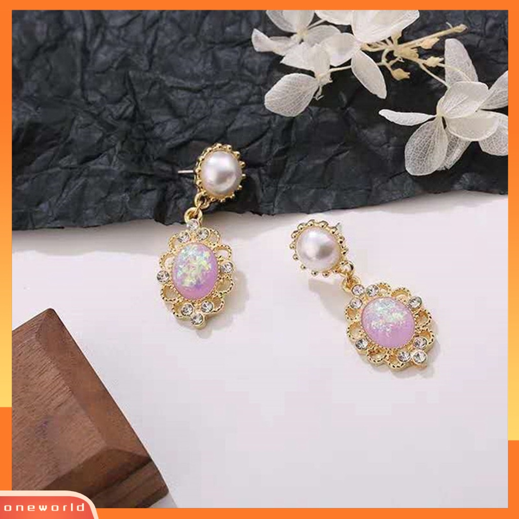 [WOD] 1pasang Wanita Drop Earrings Shiny Cubic Zirconia Mutiara Imitasi Royal Hollow Keluar Anting Perjamuan Perhiasan Perempuan