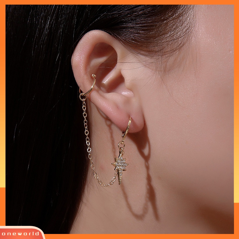 [WOD] 1pc Wanita Mode Telinga Manset Klip Rantai Panjang Berlian Imitasi Shiny Star Earring Jewelry