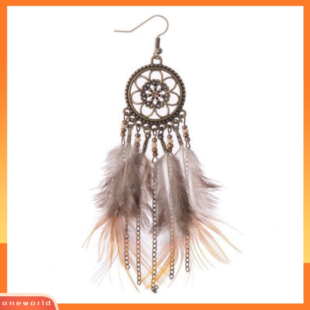 [WOD] Fashion Wanita Dream Catcher Bulu Panjang Menjuntai Kait Anting Rumbai Hadiah