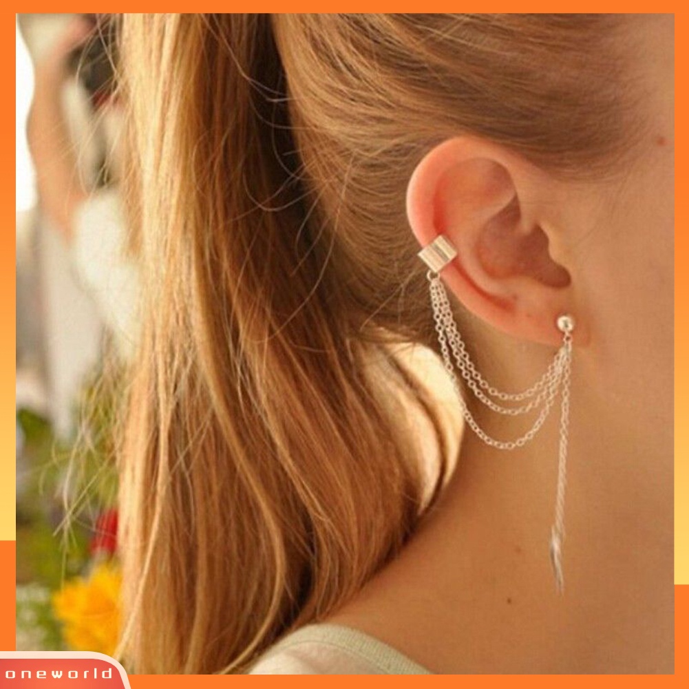 [WOD] Wanita Fashion Punk Rock Daun Rantai Rumbai Menjuntai Telinga Cuff Earrings Ear Clip