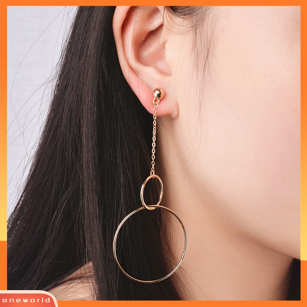 [WOD] Fashion Wanita Geometris Interlocking Metal Rings Anting Hoop Rantai Panjang