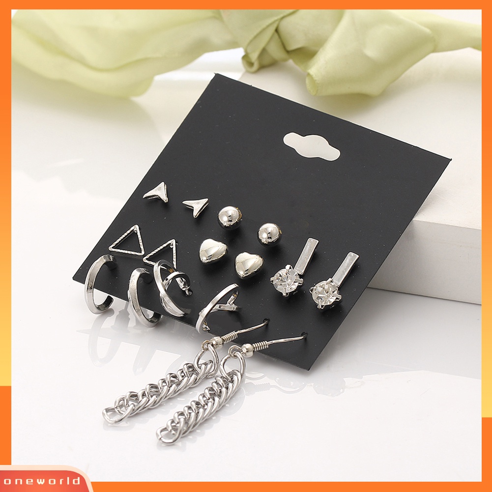 [WOD] 9pasang Fashion Wanita Berlian Imitasi Hati Bentuk Segitiga Ear Stud Hook Earrings