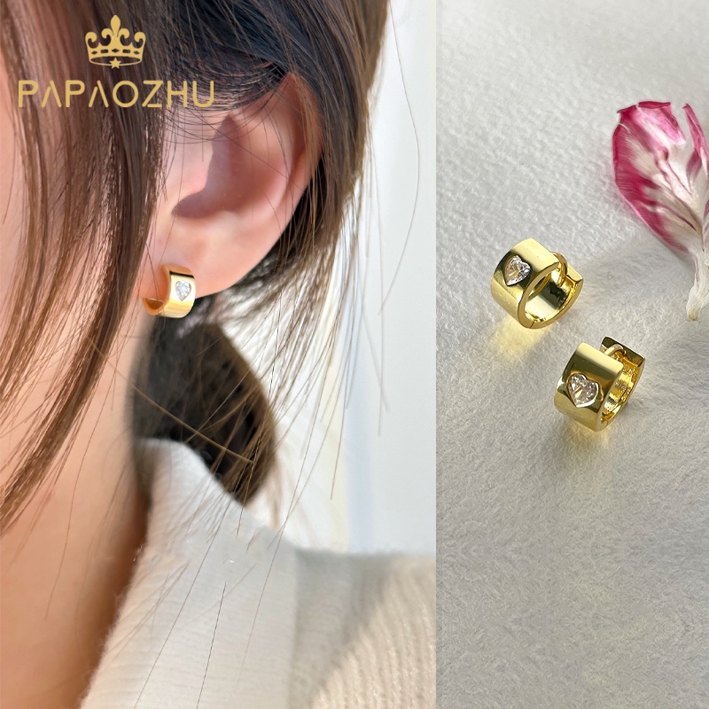 Papaozhu Trendi Hati Berkilau Zirkon 14 K Emas Anting Hoop Untuk Wanita Gadis Chic Bersinar Berlian Imitasi Cuff Earring Temperamen Telinga Perhiasan Pesta