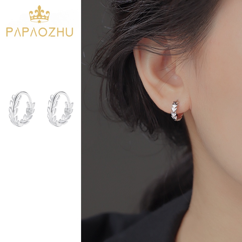 Papaozhu Trendi S925 Silver Leaf Hoop Earrings Untuk Wanita Gadis Korea Daun Kecil Cuff Earring All- Match Aksesoris Telinga Pakaian Sehari-Hari