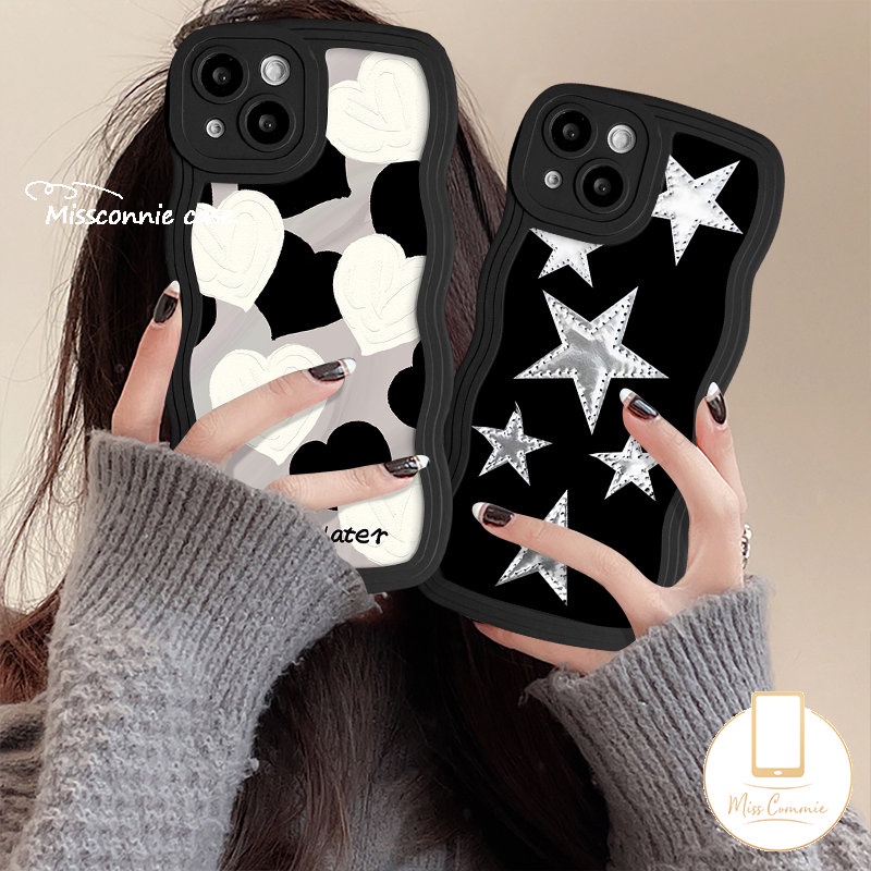 Fashion Seni Sederhana Lukisan Minyak Cinta Hati Ponsel Case Kompatibel Untuk IPhone XR 11 14 13 12 Pro Max 7Plus 8Plus 7 6s 6 8 14 Plus XS Max X SE 2020 Bintang Bersinar Lembut Bergelombang Edge Case