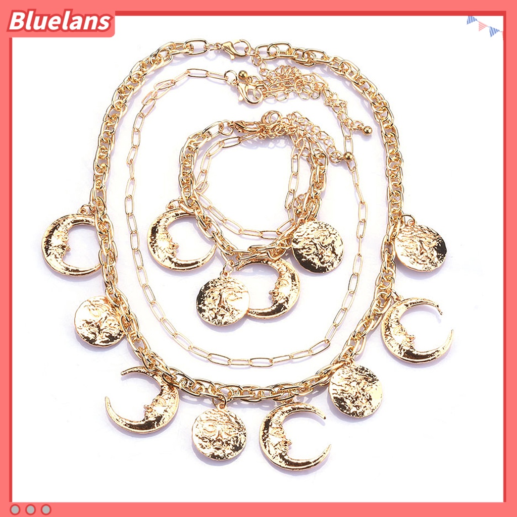 [BLS] Pesona Kalung Electroplating Shiny Adjustable Vintage Dress Up Alloy Baroque Alloy Moon Sun Pendant Necklace Wanita Perhiasan