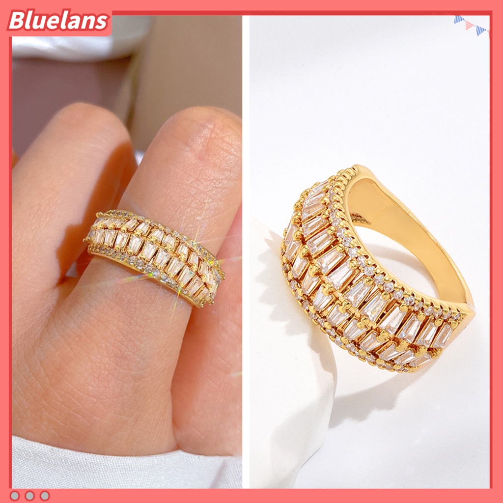 [BLS] Jari Cincin Cubic Zirconia Pembukaan Yang Dapat Disesuaikan Temperamen Hias Berdandan Geometris Mewah Baris Ganda Cincin Perhiasan Aksesori