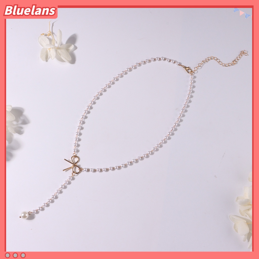 [BLS] Mutiara Imitasi Kalung Lucu Paduan Busur Panjang Rumbai Manik-Manik Liontin Temperamen Dress-Up Warna Emas/Perak Wanita Gaun Sweater Kalung Aksesoris Perhiasan Hadiah