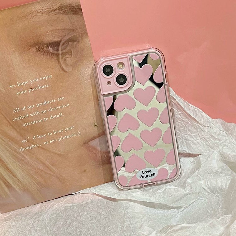 INS Pink Full Love Mirror Soft TPU Case iP iPhone 14 + Plus 11 12 13 Pro Max 2in1 FTD Girl Woman Casing Apple