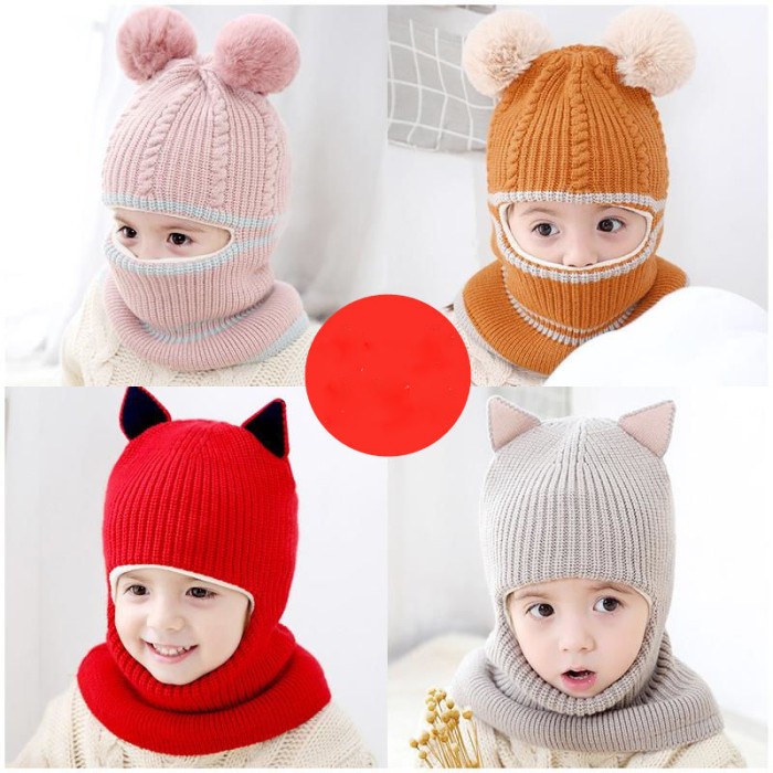 Kupluk Rajut Hangat Bayi untuk Musim Dingin Pompom dan Neck Cover