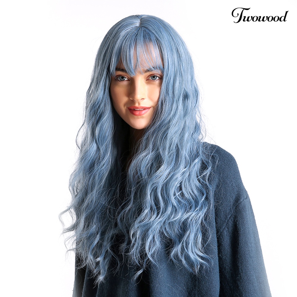 Twowood Serat Suhu Tinggi Biru Panjang Keriting Bang Wig Wanita Cosplay Pesta Sopak