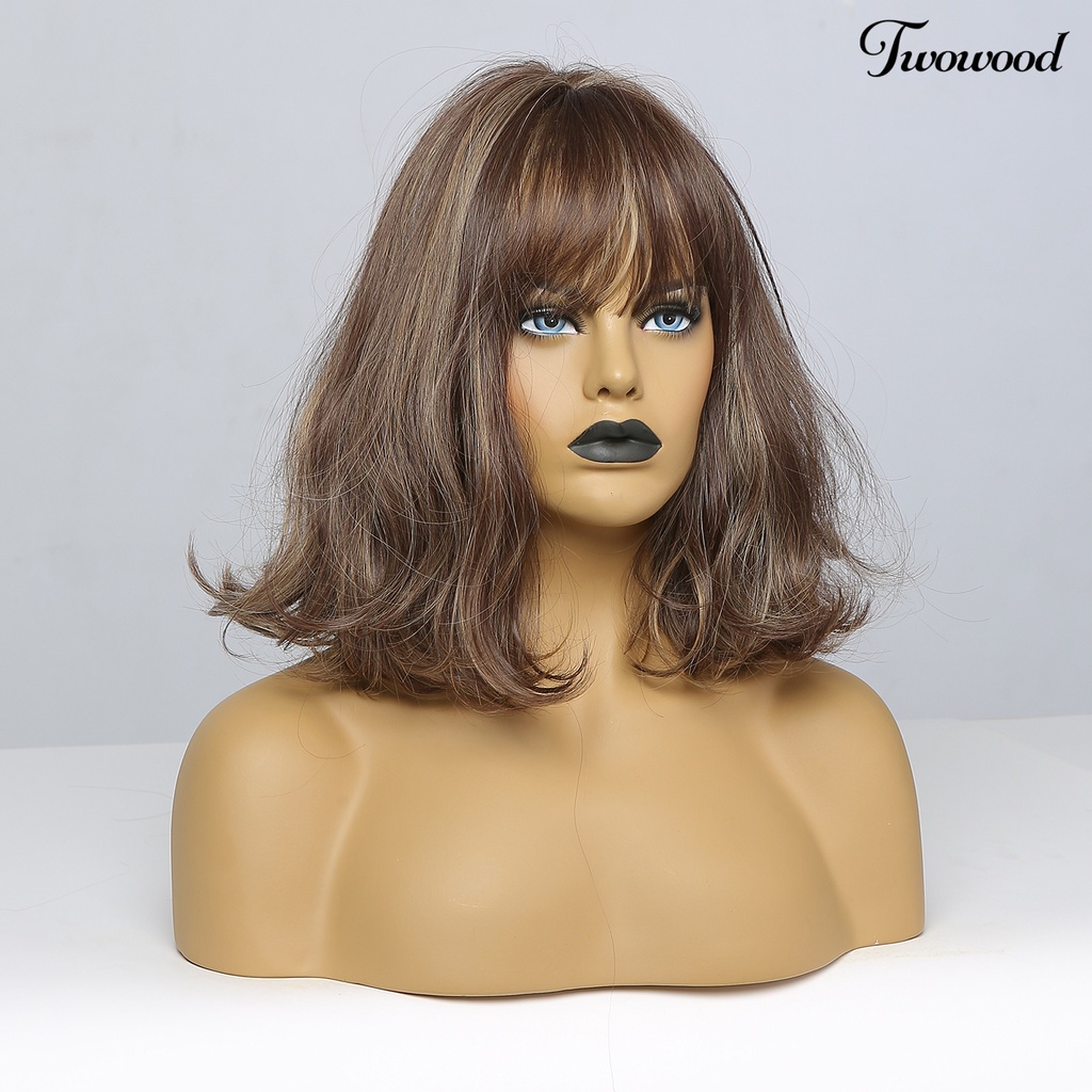 Twowood Wig Warna Gradasi Tahan Panas Coklat Wanita Berbulu Sopak Pendek Dengan Poni Untuk Pesta