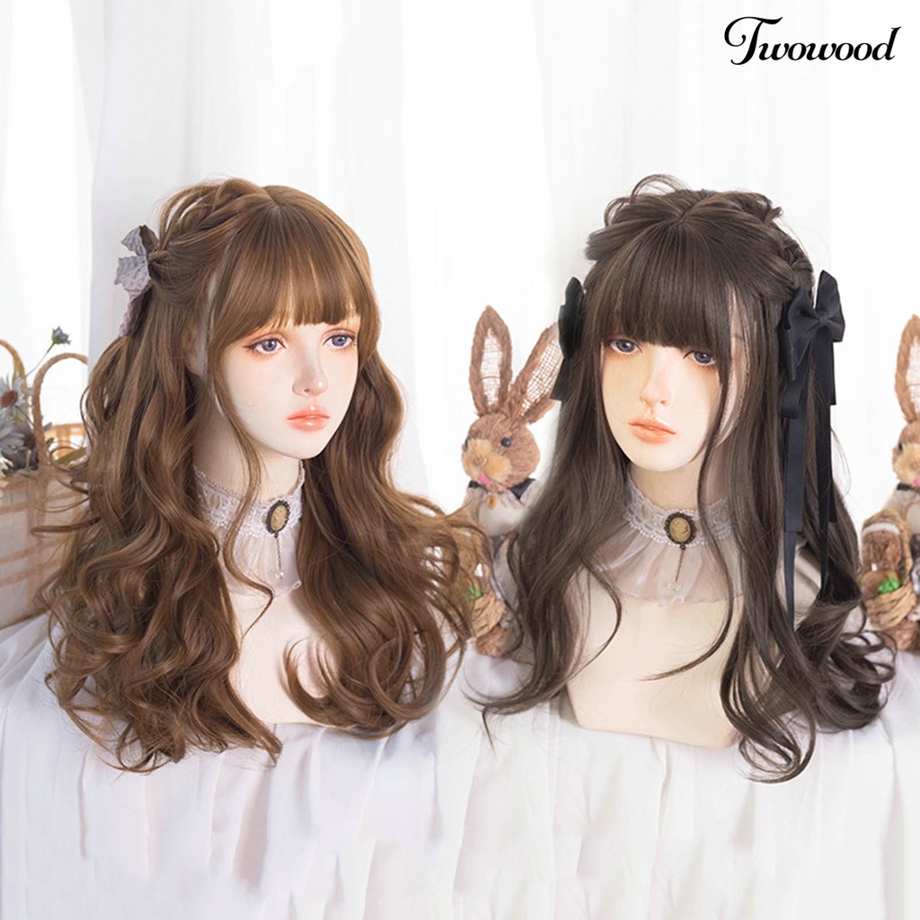 Twowood 1set Wig Wanita No Perm Berbulu Tidak Jatuh Halus Styling Rambut Cakupan Penuh Mid Length Rambut Keriting Wig Dengan Poni Digunakan Wanita