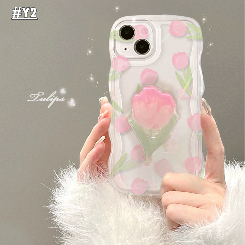 IPHONE Case Fashion Kompatibel Untuk Iphone7 14 8 6 6s Plus 11 14 12 13 Pro Max X 7Plus XR XS Max SE 2020 Fresh Minimalis Tulip 3D Wavy Curved Edge Phone Cover Dengan Bracket Bunga BY