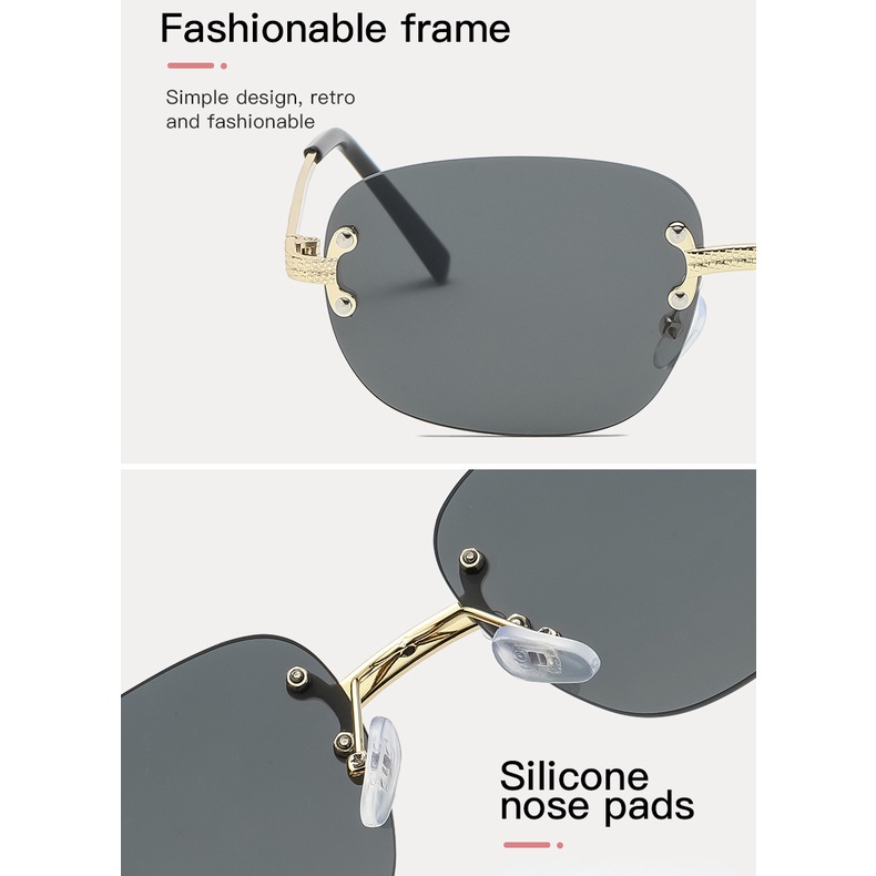 (YUZHU) Logam Tanpa Bingkai Kacamata Persegi Perempuan Punk Fashion Bingkai Kecil Kacamata Hitam Pria