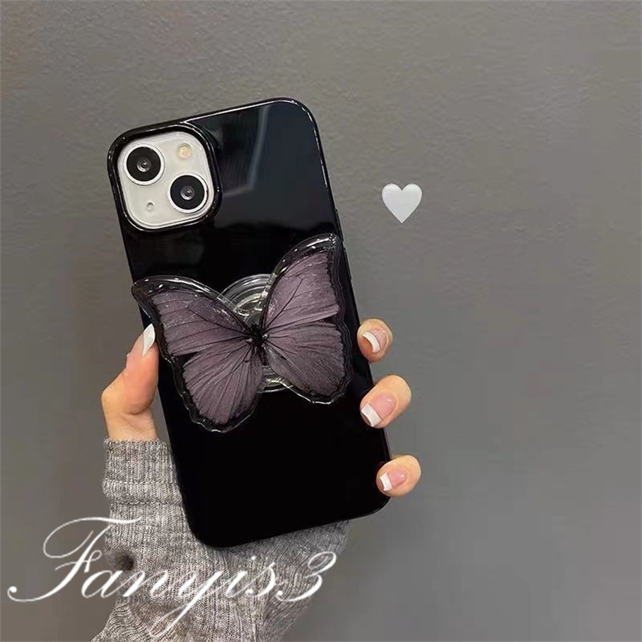 Compatible For iPhone 14 13 12 11 Pro Max X XR Xs Max 8 7 6 6s Plus SE 2020 Kompatibel Untuk Ungu Tua Butterfly Phone Case TPU Silikon Lembut Cover Pelindung Dengan Braket Rantai