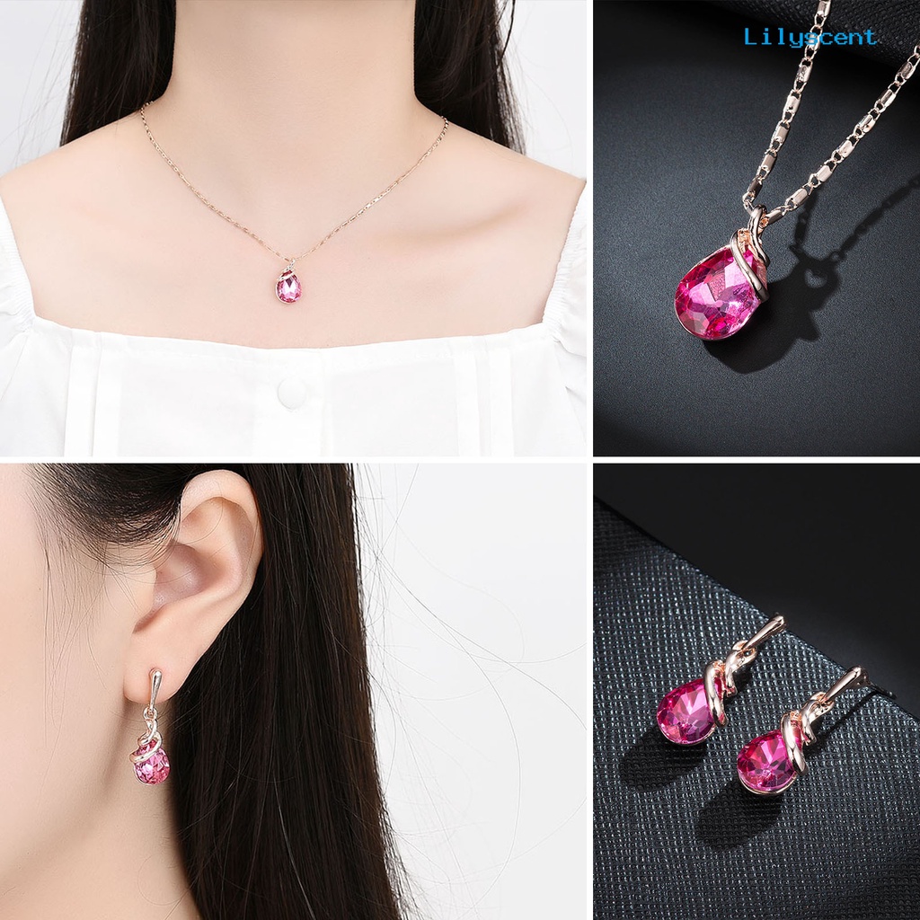 [LS]1 Set Wanita Kalung Elegan Mewah Hadiah Mulia Tetesan Air Merah Berlian Imitasi Bertatahkan Stud Anting Kit Fashion Perhiasan