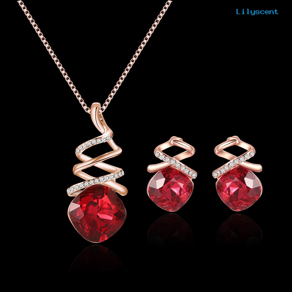 [LS]1 Set Wanita Kalung Geometris Cubic Zirconia Memutar Elegan Merah Persegi Berlian Imitasi Bertatahkan Stud Anting Kit Fashion Perhiasan