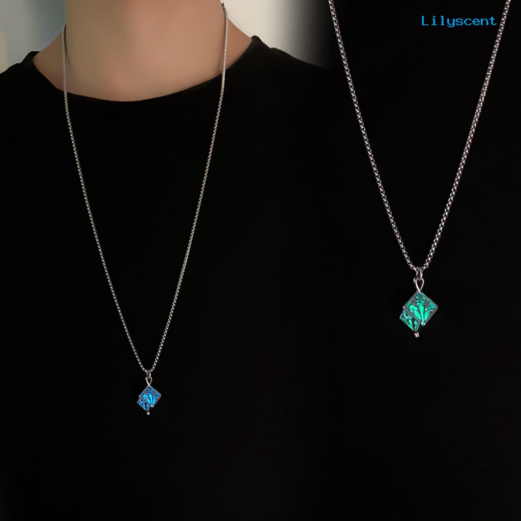 [LS]Geometric Glow in The Dark Kalung Liontin Persegi Dengan Rantai Titanium Untuk Wanita Aksesori Neonsensi Malam Bergaya Minimalis