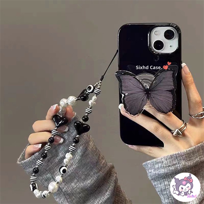 IPHONE Kompatibel Untuk Iphone14 13 12 11 Pro Max SE2020 X Xr Xs Max8 7 Plus Gaya Baru Ins Fashion Hitam Butterfly Phone Case +Lanyard +Bracket Lembut Anti Jatuh Pelindung TPU Cover