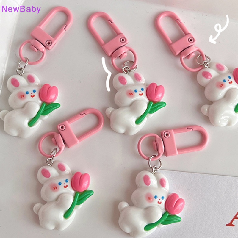 Newbaby Lucu Mini Tulip Rabbit Gantungan Kunci Lovely Pink Bunny Doll Key Chain Untuk Wanita Gadis Anak Tas Earphone Kotak Hiasan Keyring Pendant ID