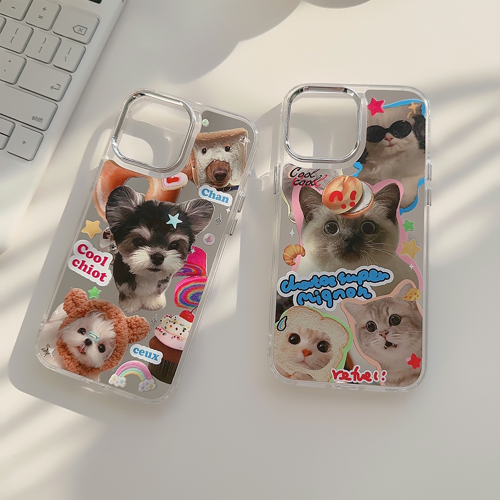 IPHONE Hewan Lucu Pasangan Kekasih Ponsel Case Puppy Dog Cat Electroplated Camera Frame Cover Dengan Manik-Manik Berlian Imitasi Stiker Untuk Iphone11 12 13 14 PRO MAX