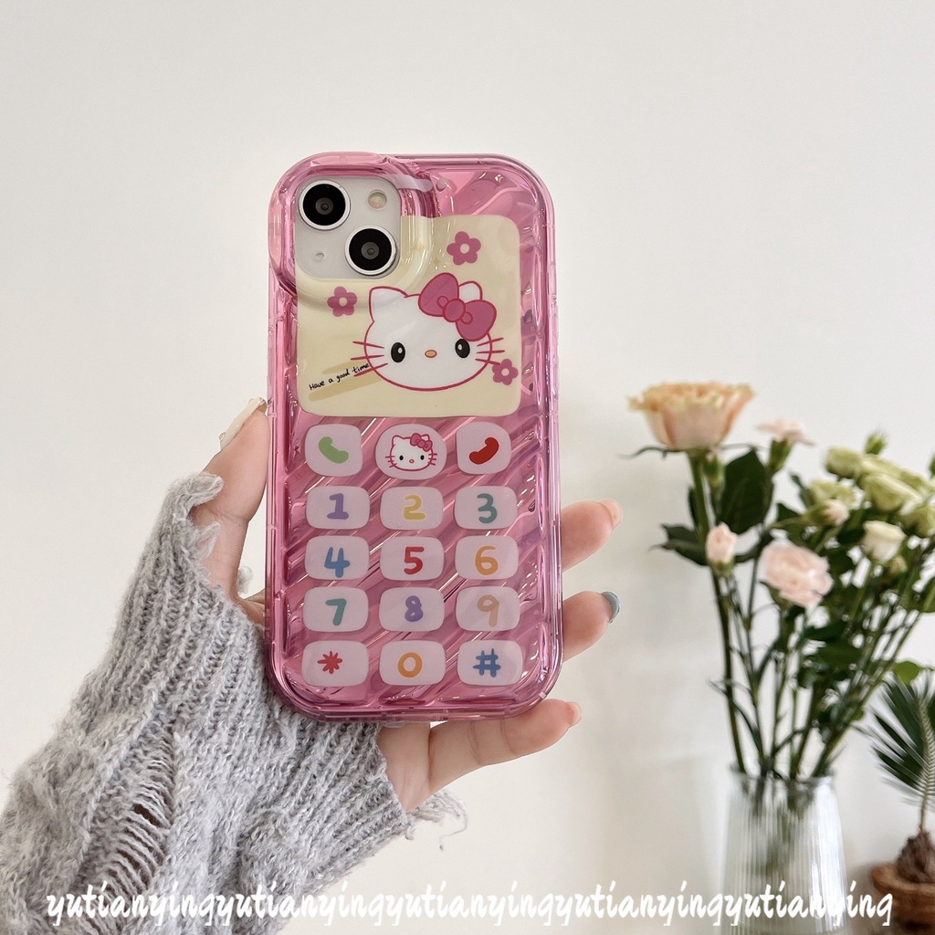 Casing Tombol Ponsel Digital Kartun Hello Kitty Vintage Kompatibel Untuk IPhone 7Plus XR XS X Max11 12 14 13 Pro Max7 6S 8 6 Plus Se2020 Kartu Laser Kerut Stereo 3D Soft Cover