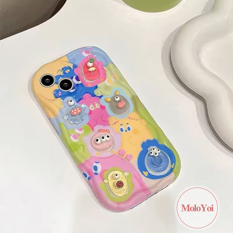 Kartun DIY Boneka Lucu Beruang Monster Bintang Kelinci Pelangi Casing Ponsel Kompatibel Untuk iPhone XR X XS Max11 12 13 14 Pro Max7 6s 8 6 Plus Se2020 3D Tepi Bergelombang Melengkung Glossy Soft Cover