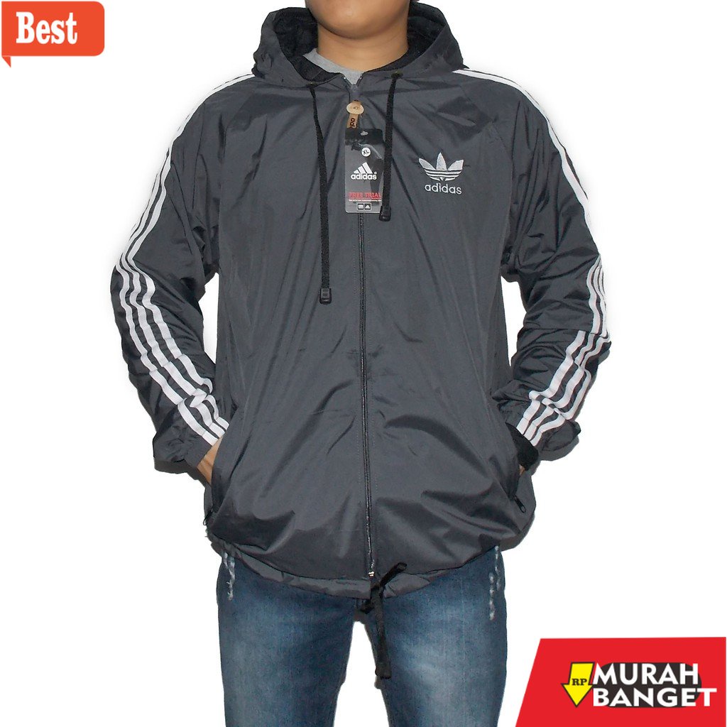 Jaket parasut pria terbaru- JAKET PARASUT ADIDAS WINDBREAKER ABU LIST PUTIH XL XXL - JAKET PARASUT J