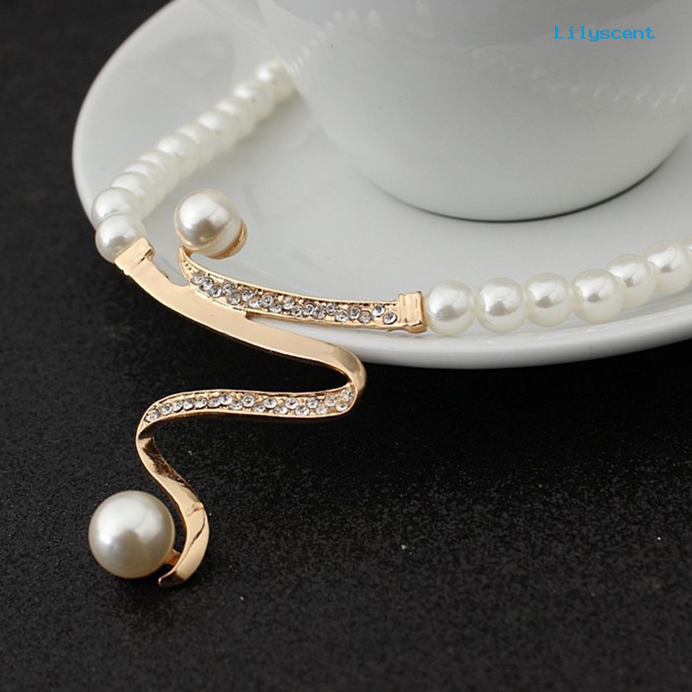 [LS]Rhinestone Faux Pearl Beaded Necklace Stud Earrings Set Perhiasan Pernikahan Pengantin