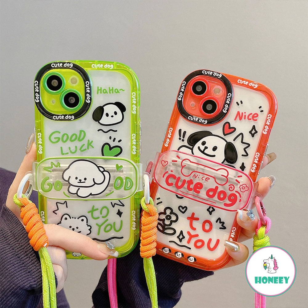 Fashion Kartun Graffiti Puppy Untuk Apple14 Pro Max Case iPhone 11 12 13 Pro Max Dilepas Klip Belakang Lanyard Shockproof Soft Cover