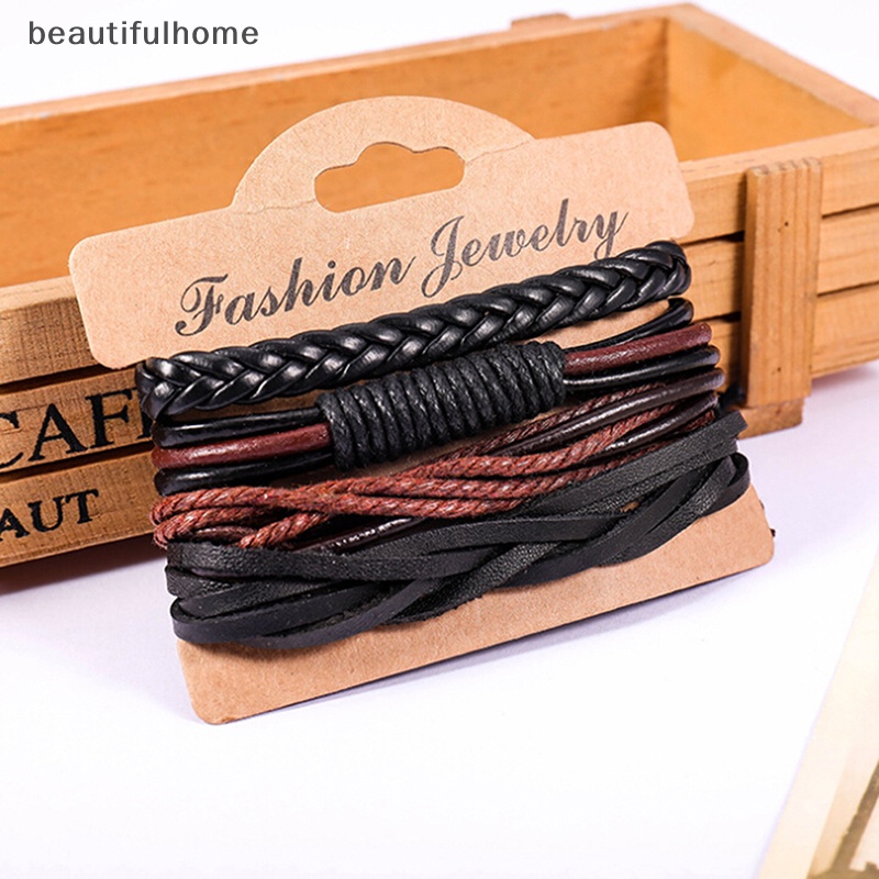 {beautifulhome} 4pcs Mens Handmade Kulit Braided Surfer Wristband Gelang Bangle Bungkus.