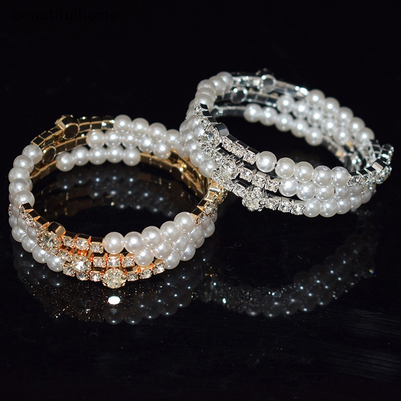 {beautifulhome} Gelang Mutiara Imitasi Kristal Elegan Multilayer Gelang Mutiara Stretchable Pearl Bracelet Untuk Wanita Hadiah Perhiasan Pengantin.