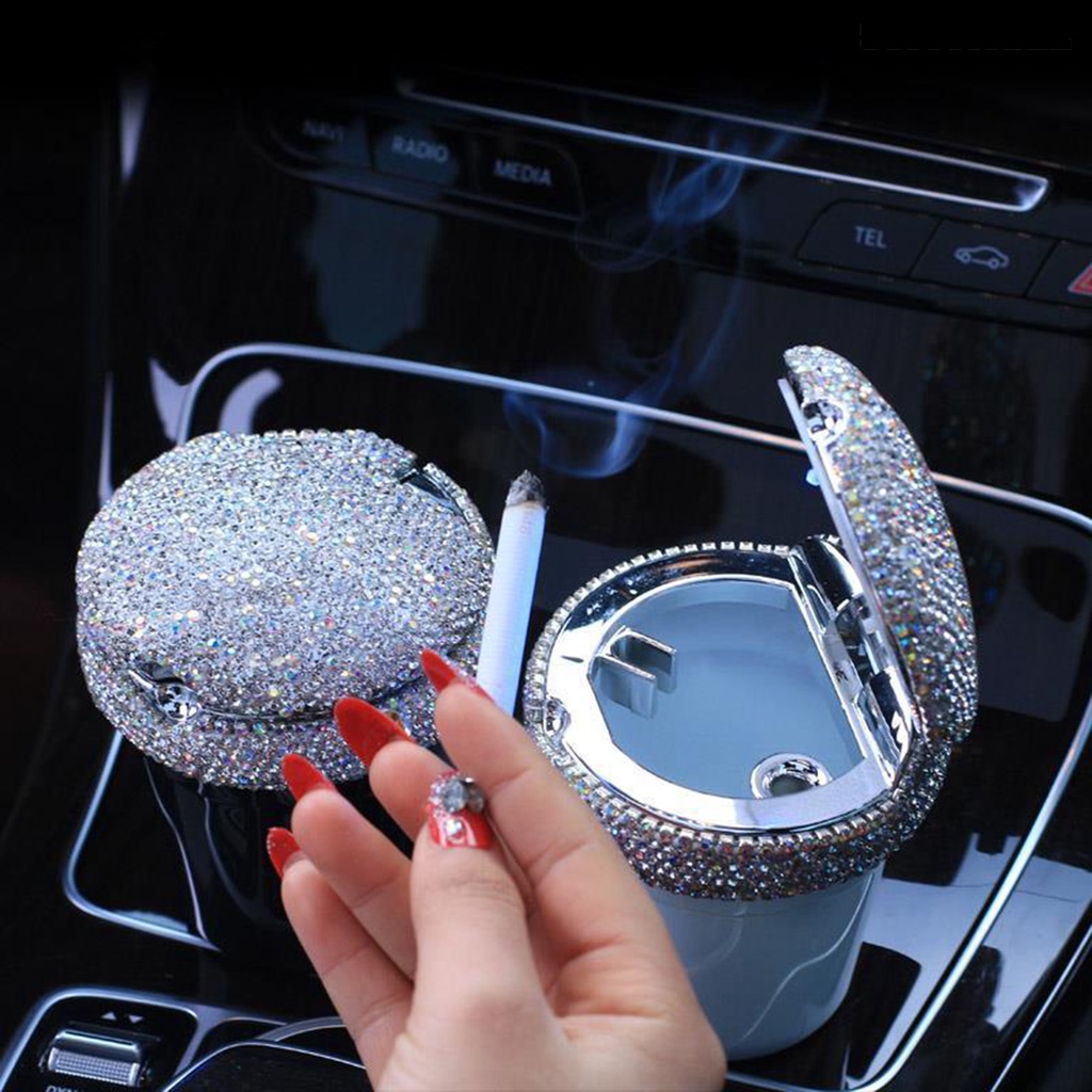 [SM] Car Ash Tray with Lid LED Blue Light Odor Proof less Mini Rhinestone Tanam Tempat Tong Sampah Otomatis Aksesoris Interior Mobil