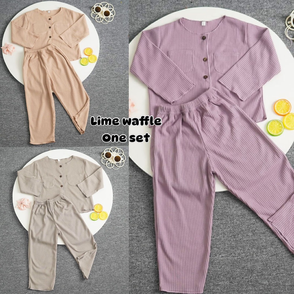 BEFAST - ZFS OOTD WANITA ONESET LELI / LIME WAFFLE SETELAN ANAK PEREMPUAN / Oneset Anak Perempuan Terbaru / Pakaian Casual Anak-Anak / Set Atasan Lengan Panjang+Celana Panjang / Fashion Kekinian Anak-Anak perempuan Terlaris