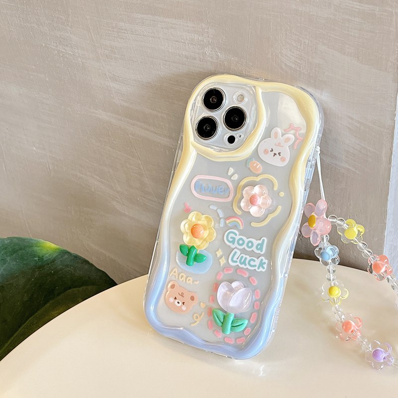 3D Clear Crystal Hand Made Diy Pretty Cream Rabbit Bear Flower Soft Case IPhone 11 12 13 14 Pro Max New Apple for Women Girls Gift Bracelet Airbag Case