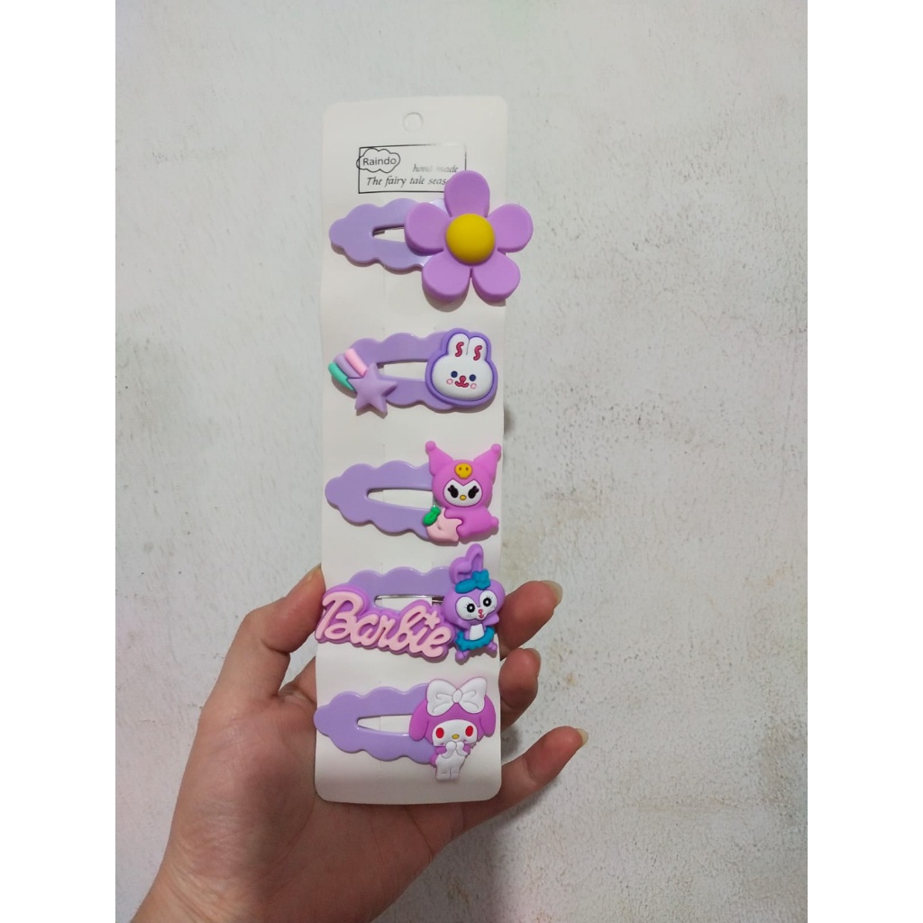 J14 - JEPITAN KLIP BAHAN IMPORT MOTIF BERUANG KELINCI BARBIE JEPITAN RAMBUT KARTUN 5 IN 1 - BDC