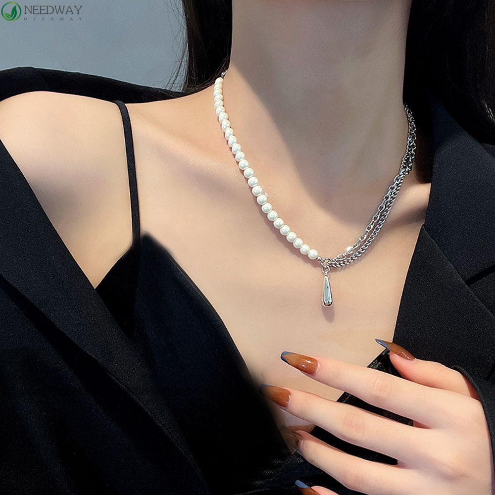 Needway Perempuan Kalung Ganda Elegan Retro Kupu-Kupu Mewah Tetesan Air Temperamen Rantai Klavikula