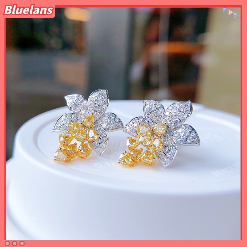 [BLS] Mewah micro-studded diamond Asscher Kuning Berlian Bunga stud Anting ins Gaya Desainer senior Perhiasan custom