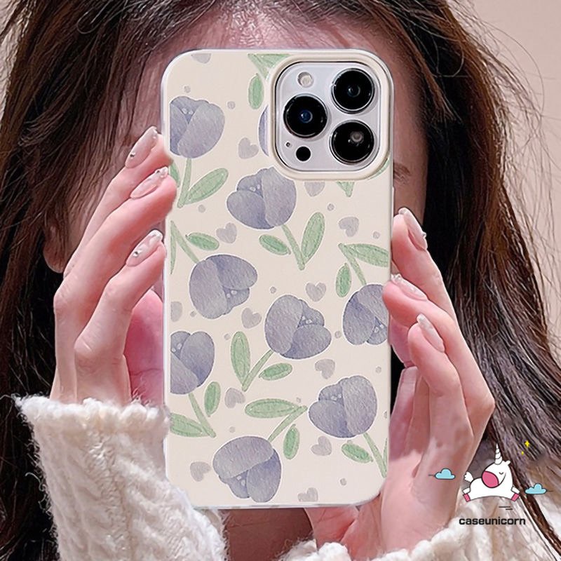 IPHONE Fashion Freshness Purple Tulip Glossy Case Kompatibel Untuk Iphone14 11 13 12 Pro Max XR 7 8 Plus X XS Max Se2020 Shockproof Simple Three Flower Camera Protection Soft Tpu Cover