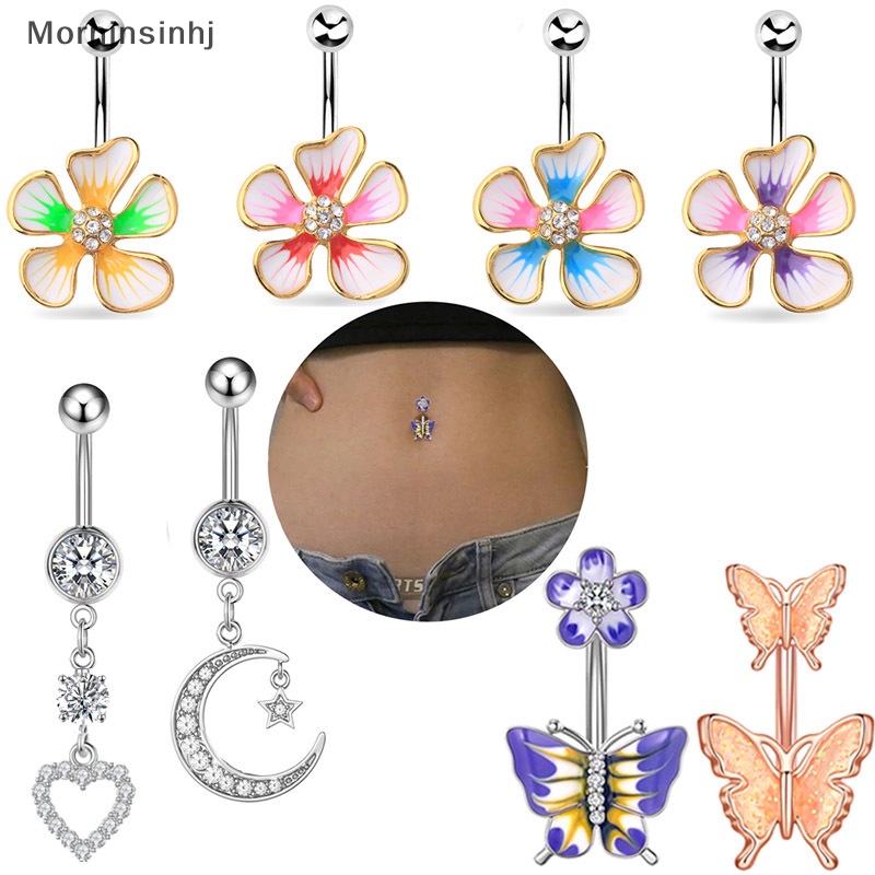 Mornin Belly Button Rings Colorful Flowers Butterfly Star Menjuntai Navel Ring Wanita Anti Karat Tubuh Perut Tubuh Perhiasan id