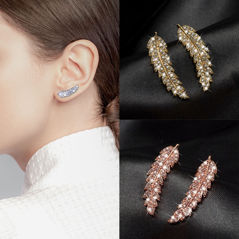 Fashion Bulu Pejantan Anting Untuk Wanita Pernikahan Perhiasan Halus Sudut Sayap CZ Daun Anting Brincos Pendientes Gadis Hadiah