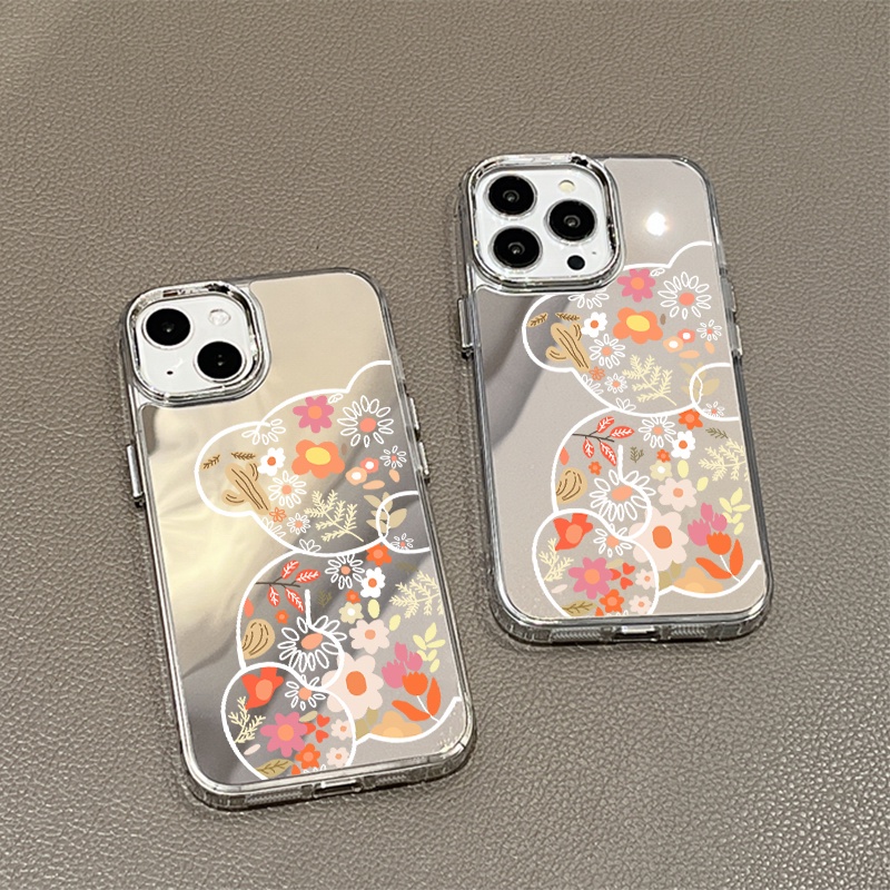 IPHONE Casing Ponsel Cermin Beruang Bunga Kompatibel Untuk Iphone11 12 13 14 12Pro 13Pro 14Pro Pro Max XR X XS Max Electroplating Tombol Perlindungan Mirror Cover