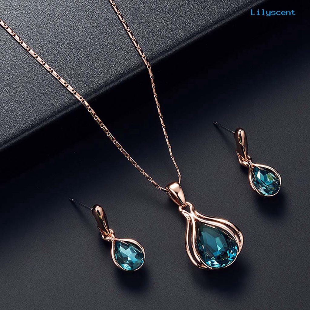 [LS]Wanita Cubic Zirconia Tetesan Air Liontin Kalung Ear Stud Earrings Set Perhiasan