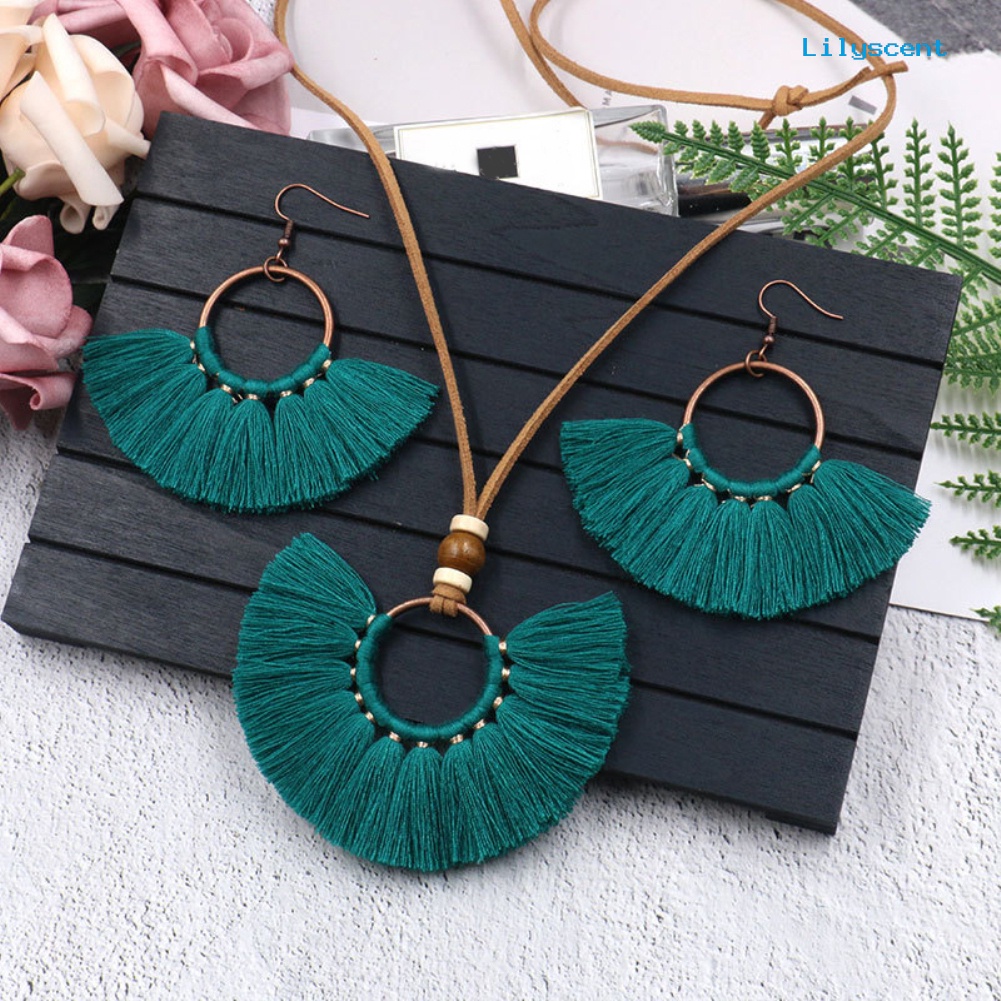 [LS]Bohemian Wanita Bulat Liontin Fringe Rumbai Tali Kalung Anting Set Perhiasan