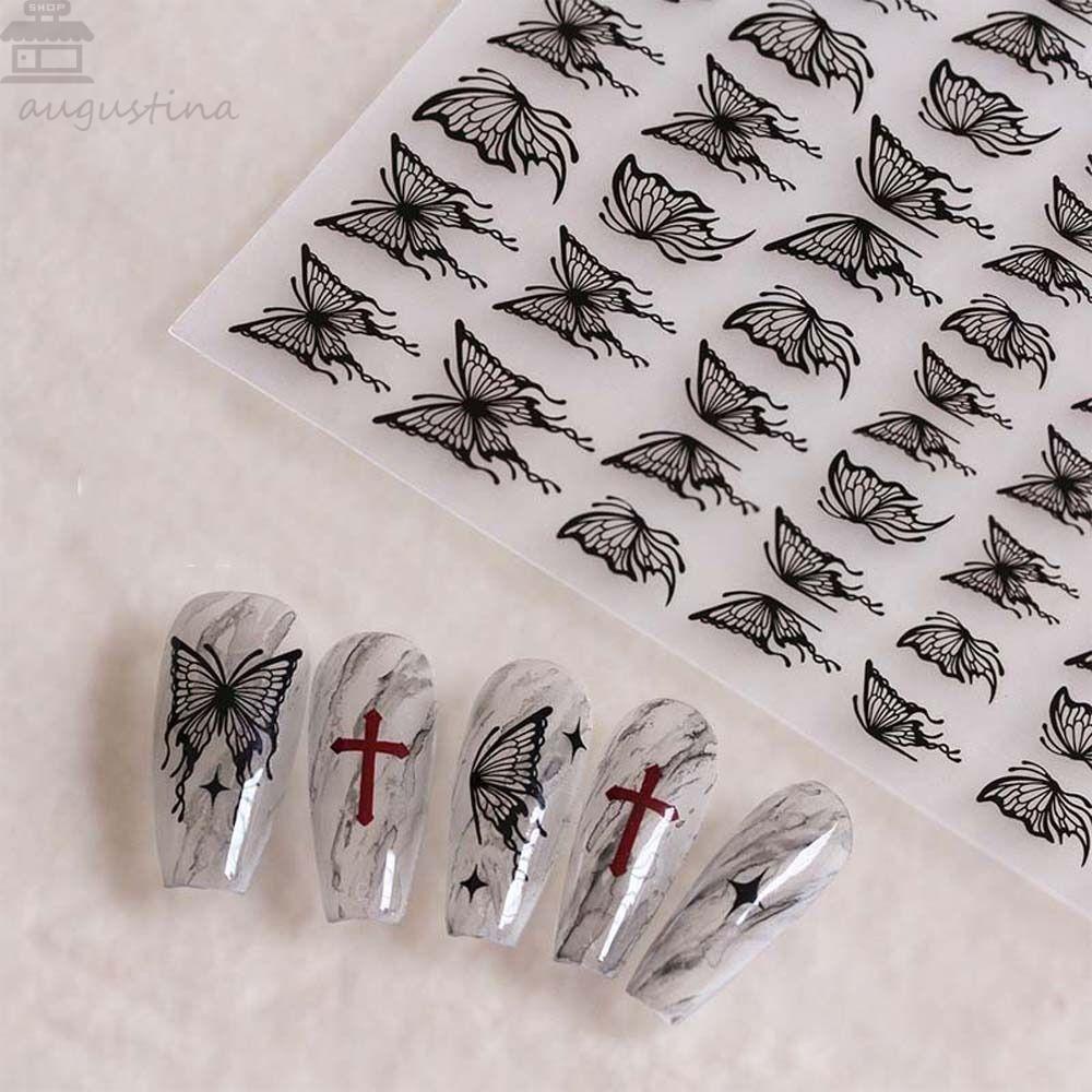 AUGUSTINA Agustina Butterfly Stiker Kuku Tangan Dicat Kupu-Kupu Korea Perekat Diri Hitam Putih Berongga Butterfly Nail Art Dekorasi